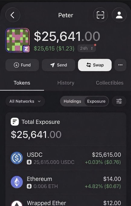 A screenshot of a cryptocurrency wallet labeled "Peter" shows a total balance of $25,641.00, with holdings including $25,615.00 in USDC, 0.006 ETH ($14.00), and Wrapped Ether ($12.00). The image serves as a humorous contrast to the post's boast about earning five figures from a meme coin bot, suggesting instead that the actual wallet balance reflects much more modest activity.