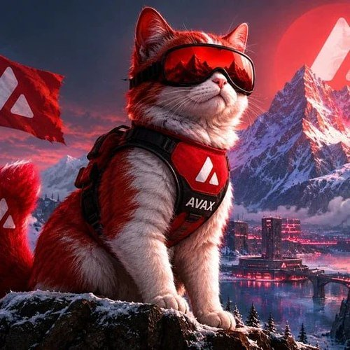 A digital illustration of a fluffy orange and white cat wearing red ski goggles and an "AVAX" branded vest, sitting on a rocky cliff overlooking a mountainous, futuristic red-lit cityscape with flags.
