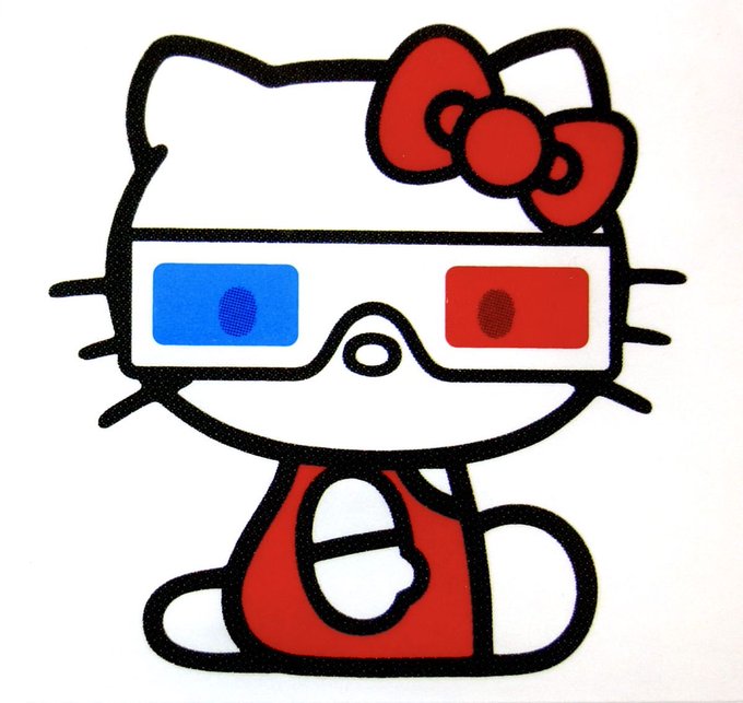 A stylized, 2D illustration of Hello Kitty wearing red-and-blue 3D glasses and a red dress.