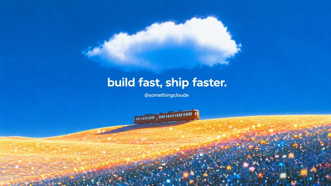 A stylized graphic showing a train traveling across a sparkling golden hill under a bright blue sky with a single cloud, with the text 'build fast, ship faster.' and '@somethingclimate'.