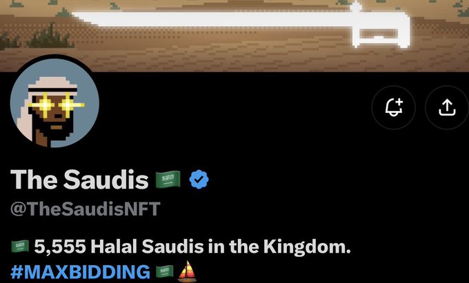 A Twitter/X profile for 'The Saudis' (@TheSaudisNFT) featuring pixel art of a Saudi man with star-shaped glasses, advertising '5,555 Halal Saudis in the Kingdom. #MAXBIDDING'.