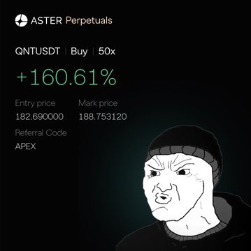 A dark-themed trading screenshot from ASTER Perpetuals showing a long position on QNTUSDT at 50x leverage with a +160.61% gain, accompanied by a stylized black-and-white illustration of a man with an angry expression.