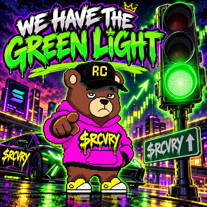 A neon streetwear-style illustration features a cartoon bear in a "$RCVRY" hoodie and "RC" cap pointing forward, alongside a glowing green traffic light and a stock chart with an upward trend arrow, visually echoing the post's "Lets keep it Green" message with bullish green lighting and recovery-themed branding.