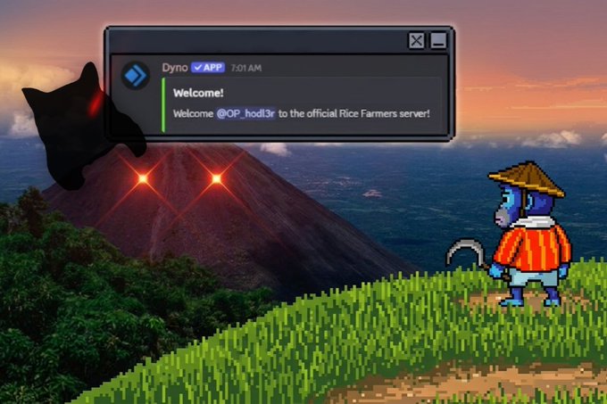 A retro/lo-fi digital artwork showing a Discord welcome message ('Welcome @OP_hodi3r to the official Rice Farmers server!') overlaid on a pixel-art landscape with a volcano, a farmer character, and a black cat silhouette.