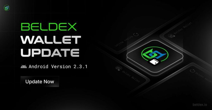 A promotional graphic for the 'BELDEX WALLET UPDATE,' highlighting the Android Version 2.3.1 release with an 'Update Now' button.