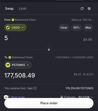 A mobile screenshot of a crypto swap interface on Robinhood Chain, converting 5 USDG to PSTONKS tokens.