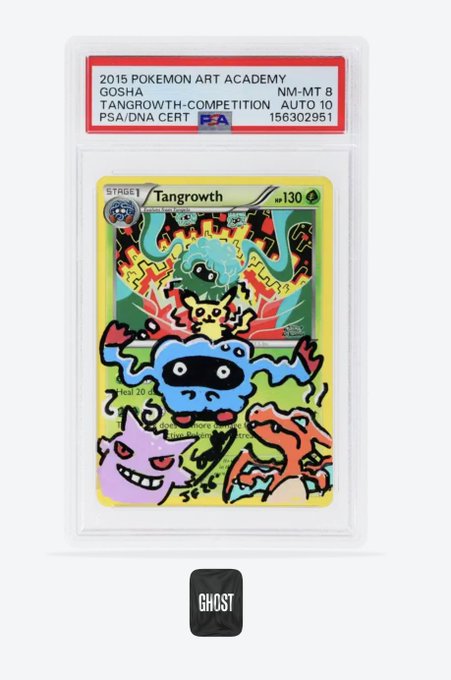 A PSA-graded Pokemon Art Academy card featuring Tangrowth with custom artwork, labeled as the 'GOSHA TANGROWTH-COMPETITION AUTO 10'.