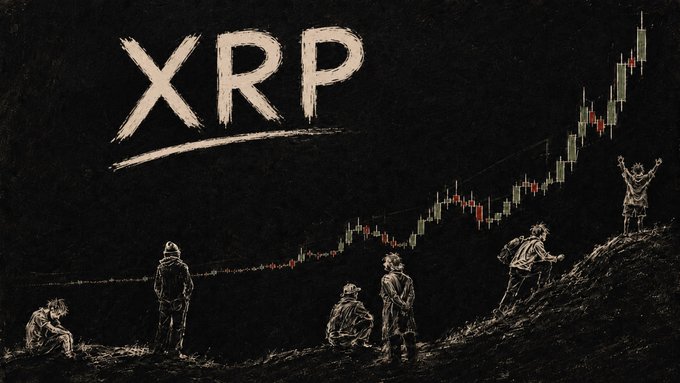 A chalkboard-style illustration features the ticker "XRP" prominently displayed above a rising candlestick chart, while silhouetted figures climb a hill toward the peak—one reaching the summit with arms raised in triumph. The image mirrors the post's message about looking past short-term volatility to recognize XRP's longer-term ascent, symbolizing the journey toward its foundational value in financial infrastructure rather than fleeting price movements.