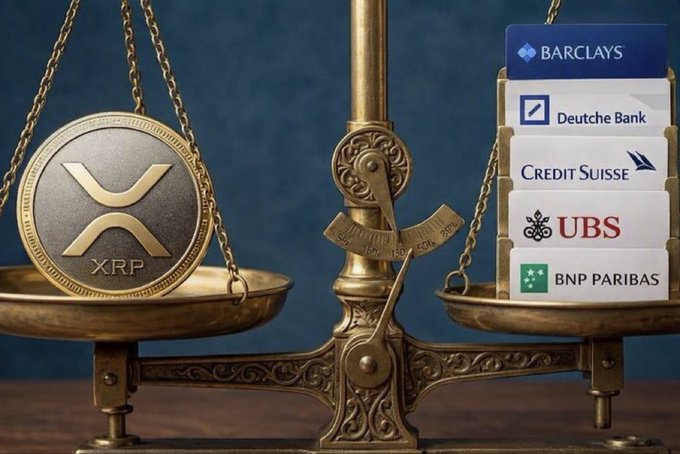 A graphic showing a gold XRP coin on one side of a balance scale weighing against a stack of bank logos including Barclays, Deutsche Bank, Credit Suisse, UBS, and BNP Paribas.