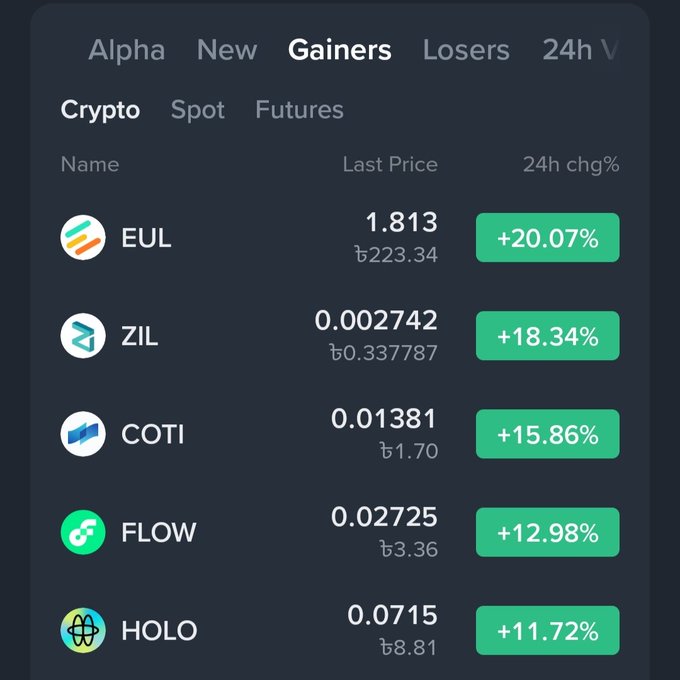 A cryptocurrency exchange interface displaying the 'Gainers' tab under 'Crypto', showing top performers EUL (+20.07%), ZIL (+18.34%), COTI (+15.86%), FLOW (+12.98%), and HOLO (+11.72%).