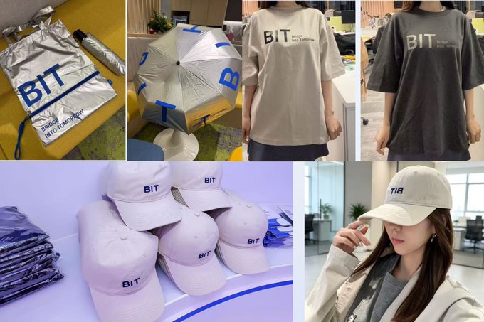 A collage of branded merchandise featuring 'BIT Bridge Into Tomorrow' logo, including a silver bag, a silver umbrella, t-shirts in white and gray, and multiple baseball caps worn by a model.