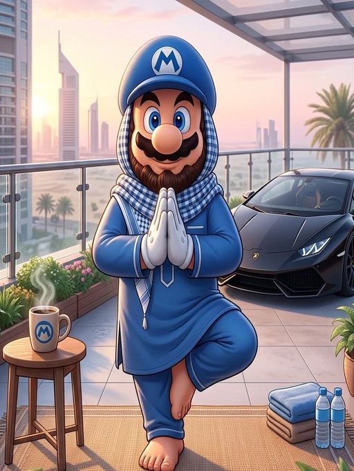 An AI-generated illustration of a Mario-like character dressed in blue traditional Middle Eastern attire with a checkered scarf, posing with hands together on a luxury balcony with a Lamborghini, coffee mug, and Dubai skyline in the background.