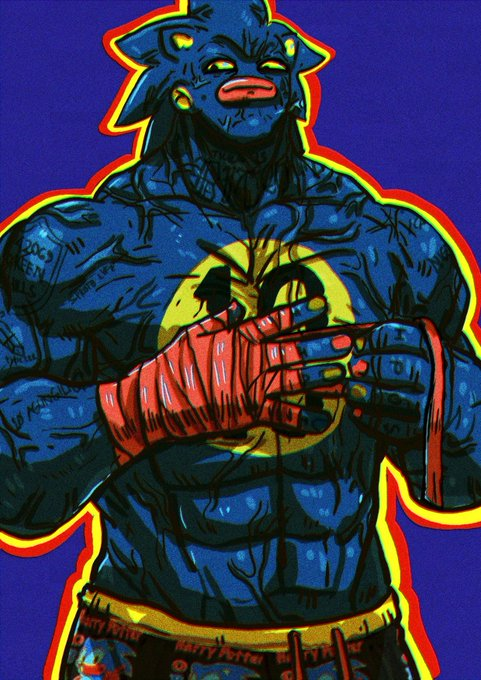 A stylized, colorful illustration of a muscular, blue-skinned humanoid character with fish-like features and red hand wraps, set against a solid blue background.