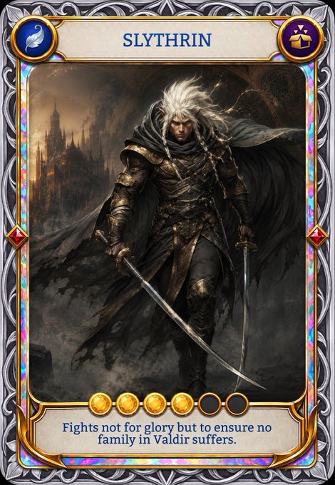 A holographic trading card labeled 'SLYTHRIN' depicts a white-haired warrior with twin swords, captioned 'Fights not for glory but to ensure no family in Valdir suffers.'