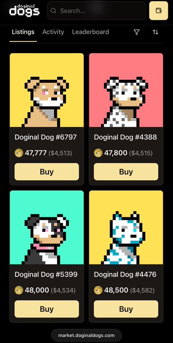 A mobile screenshot of the Doginal Dogs NFT marketplace (market.doginaldogs.com) displaying four pixel-art dog listings priced between 47,777 and 48,500 Dogecoin.