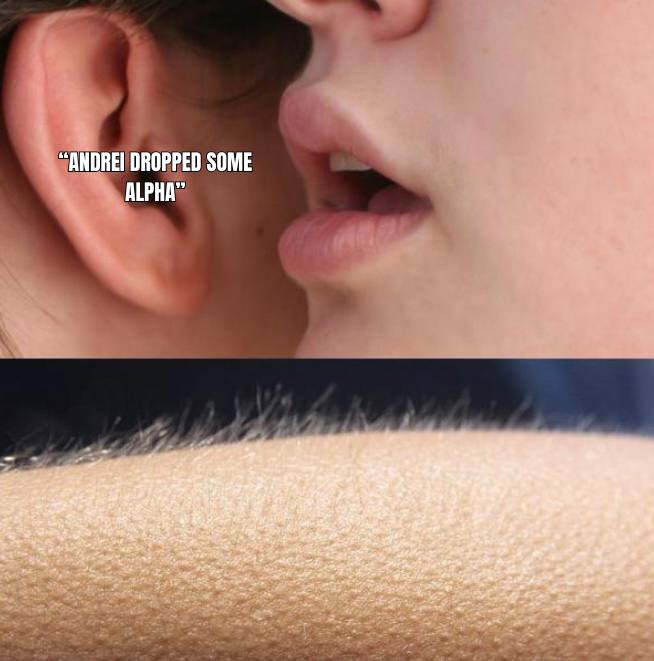 The image depicts someone whispering "ANDREI DROPPED SOME ALPHA" into another person's ear, causing goosebumps and echoing the excitement of Falcon Finance entering the RWA space. The whispered "alpha" likely refers to lucrative investment opportunities or insider information related to Falcon Finance's new venture.