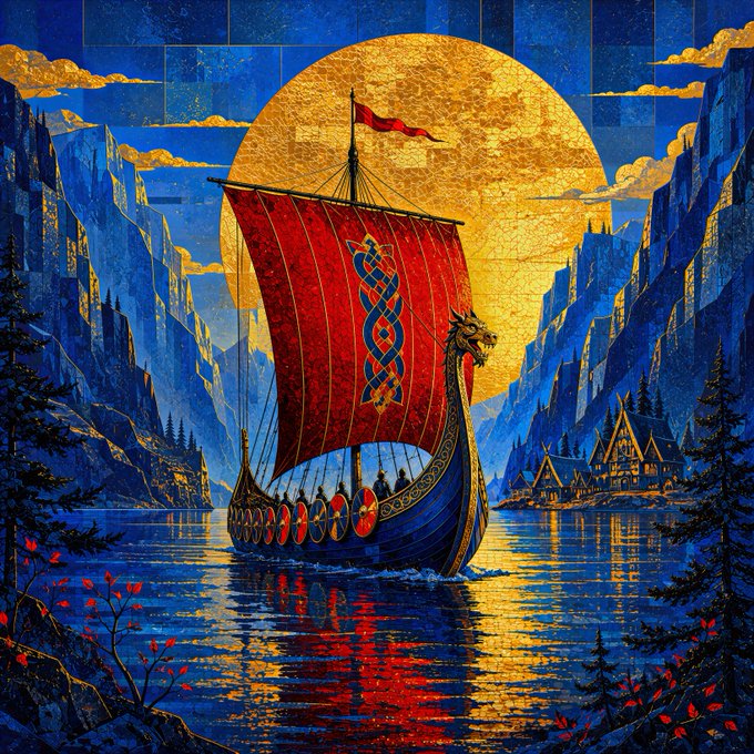 A vibrant mosaic-style digital painting depicting a Viking longship with a red sail and dragon prow sailing through a fjord, set against a giant golden moon and a village nestled among blue mountains.