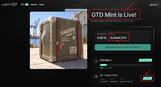 A screenshot from the Catapult NFT platform showing 'GTD Mint is Live!' for the 'Snurps Earth Imports' collection at a price of 0.0444 ETH, indicating the user is not eligible for the current phase.