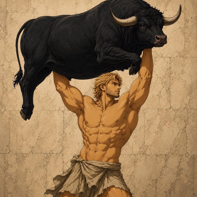 A stylized illustration of a muscular blonde man in a loincloth lifting a massive black bull overhead against a textured stone wall background.