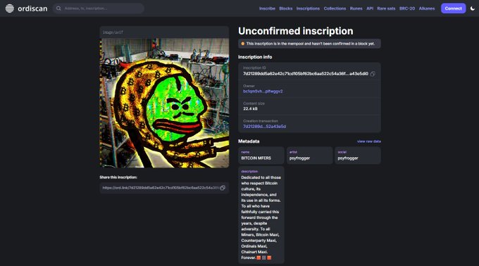 A screenshot from the OrdScan website showing an 'Unconfirmed inscription' of a Bitcoin Ordinals NFT, featuring a Pepe-style image with a Bitcoin halo, owner 'bc1qtssh...pfiegec2', content size 22.4 kB, and a long description referencing 'BITCOIN Mfers'.
