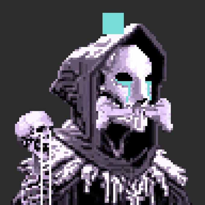 Pixel art of a hooded figure resembling the Grim Reaper, with a cyan tear falling from a black eye socket, holding a dripping scythe, and featuring a small cyan square floating above the hood.
