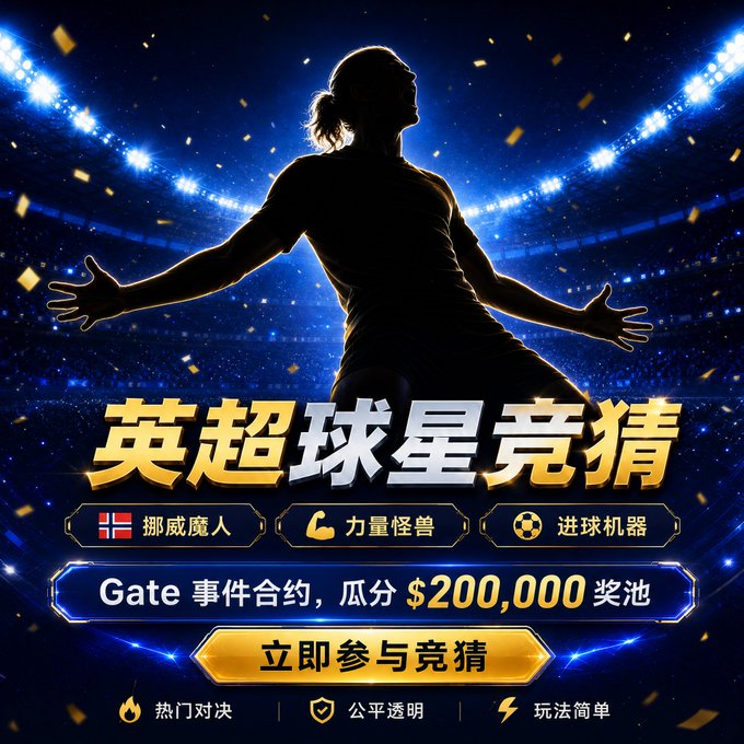 Chinese promotional poster for Gate's Premier League star prediction event, showing a silhouetted female soccer player with arms outstretched in a stadium, offering a $200,000 prize pool and categorizing players as 'Norwegian Magician,' 'Power Beast,' and 'Goal Machine.'