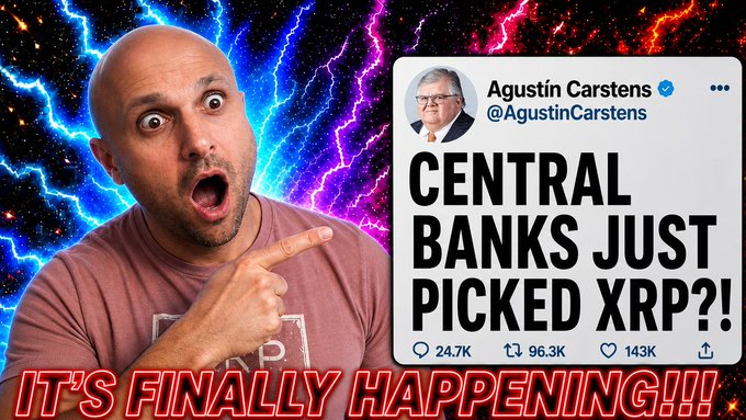 A shocked-looking man points at a fabricated tweet attributed to Agustin Carstens reading "CENTRAL BANKS JUST PICKED XRP?!," which generated 24.7K comments, 96.3K retweets, and 143K likes. The accompanying post debunks this misleading framing, clarifying that the BIS did not adopt XRP as a currency but instead used the XRP Ledger to cryptographically verify the integrity of official economic data.