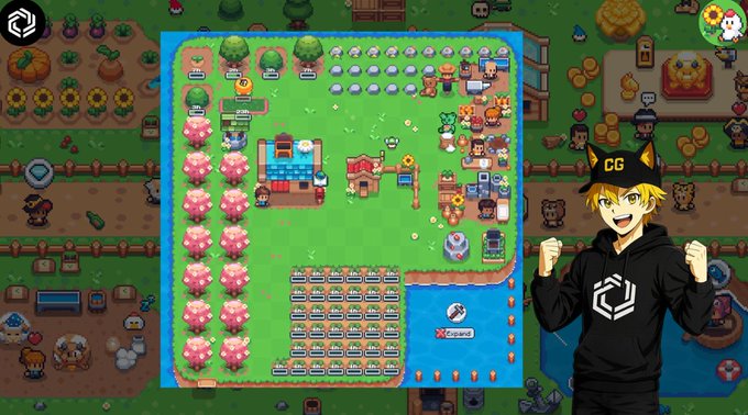 A screenshot from a farming/studio management video game featuring a pixelated island base with crops, a building, and various structures, with an animated character avatar wearing a 'CG' hat on the right side.