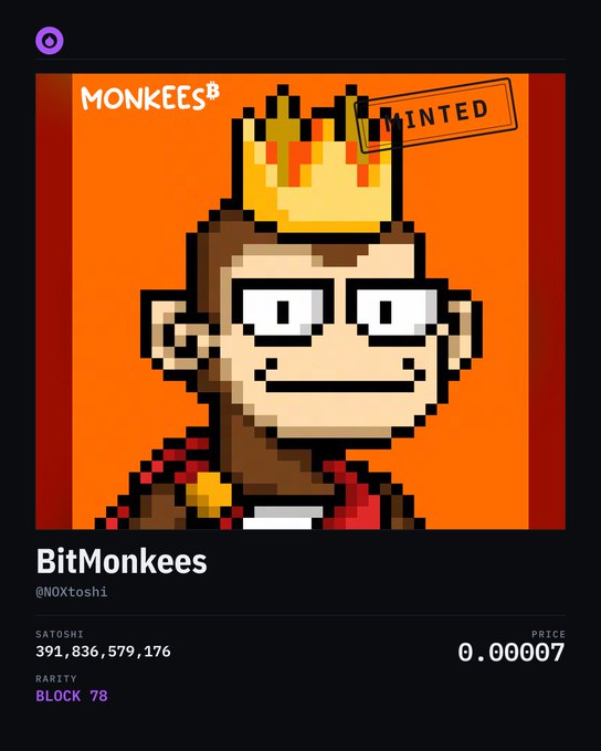 An OnChainMonkey profile page for the 'BitMonkees' collection by @N0Xtoshi, showing a pixel art monkey wearing glasses and a crown, with a price of 0.00007 and Satoshi rarity Block 78.