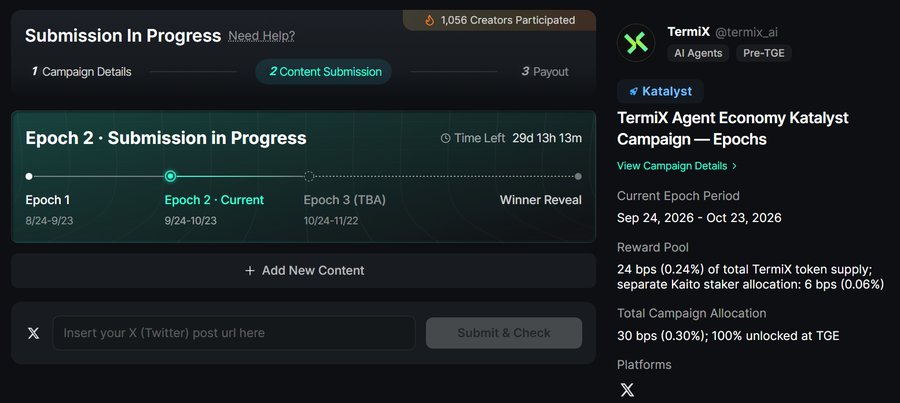 A screenshot of a "Submission In Progress" page for the TermiX Agent Economy Katalyst Campaign — Epochs on X, showing Epoch 2 · Current (9/24-10/23) and a reward pool of 24 bps.
