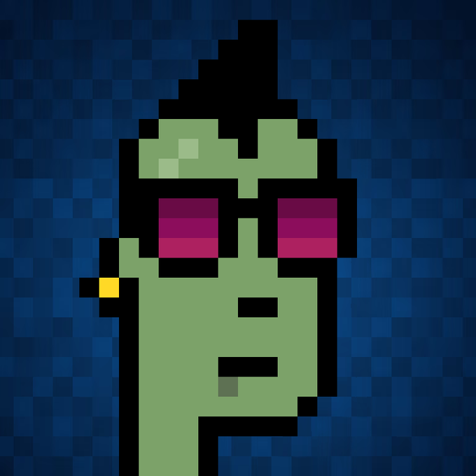 A pixel art profile picture featuring a green-skinned character with a black mohawk and pink/magenta sunglasses against a blue checkered background. The image serves as the promotional visual for a crypto giveaway, requiring participants to like, repost, and submit their EVM wallet address for a chance to win, likely targeting the CryptoPunks community.