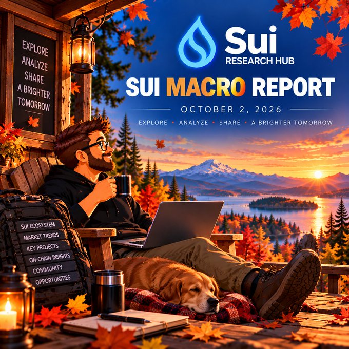 Promotional graphic titled 'SUI MACRO REPORT' dated October 2, 2026 from 'Sui RESEARCH HUB' featuring an illustrated man with a laptop and golden retriever on a porch overlooking a sunset mountain landscape, with menu items 'SUI ECOSYSTEM, MARKET TRENDS, KEY PROJECTS, ON-CHAIN INSIGHTS, COMMUNITY, OPPORTUNITIES' and tagline 'EXPLORE • ANALYZE • SHARE • A BRIGHTER TOMORROW'.