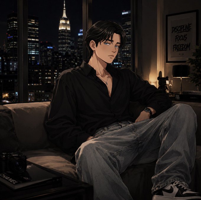 An anime-style illustration shows a dark-haired man lounging on a couch in a dimly lit high-rise apartment, with the Empire State Building glowing through the window behind him. A framed poster on the wall reads "DISCIPLINE FOCUS FREEDOM," fitting the motivational late-night tone of wishing good sleep to followers looking ahead to a big day for $ANSEM.