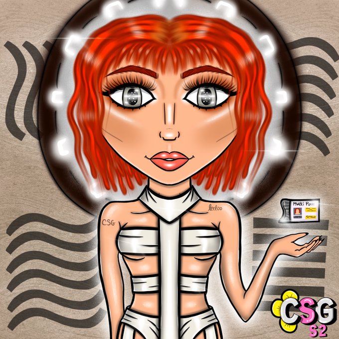 A stylized digital illustration of a woman with vibrant red hair and large eyes, wearing a white outfit with bandages, displayed in a circular frame with 'CSG S2' logo and a small profile card visible.