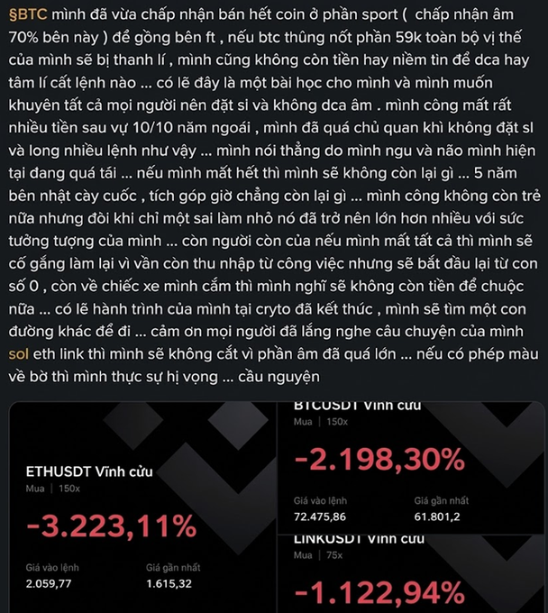 The image shows a news website with two columns displaying different sets of information in various languages. The left column has a headline that reads "Anh chàng nằn bán hết coin ở spot để gồng vị thế future." and the right column displays a table with two columns and two rows of numbers, as well as some text. The post in question is about Bitcoin prices, specifically focusing on Bitcoin coins from the past month.