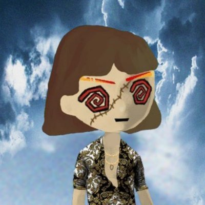 A stylized digital illustration of a cartoonish figure with brown hair, hypnotic spiral eyes with red markings, wearing an ornate patterned shirt against a dramatic blue cloudy sky background.
