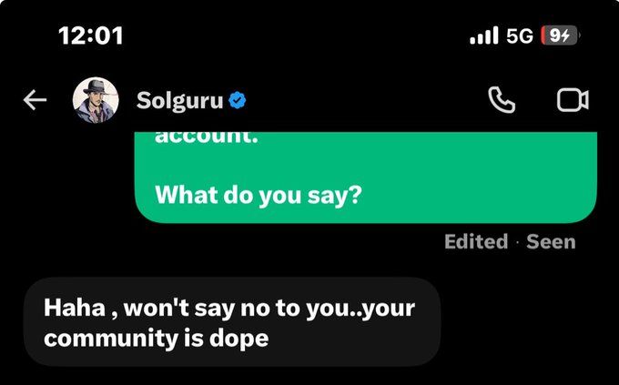 A screenshot of a text message conversation with "Solguru" at 12:01, showing a message "What do you say?" followed by the reply "Haha, won't say no to you..your community is dope," highlighting a positive response from the Solguru NFT account regarding the @exitlabsdotfun collaboration mentioned in the post.