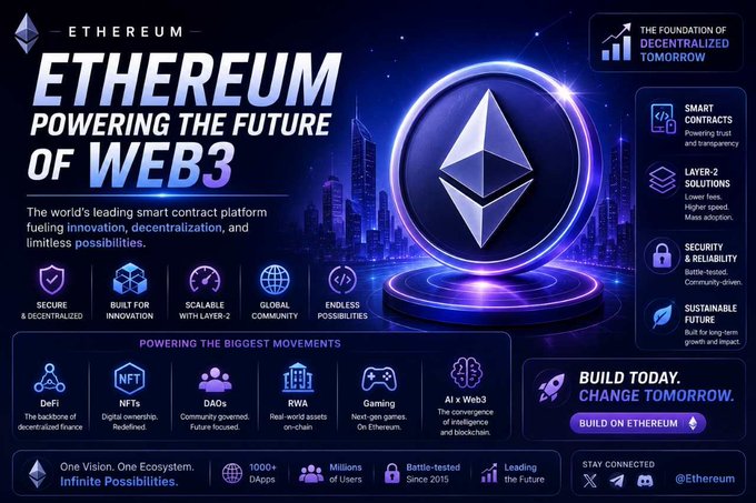 The image is a promotional infographic titled "ETHEREUM: POWERING THE FUTURE OF WEB3," featuring the Ethereum logo and highlighting key features like smart contracts, Layer-2 solutions, security, sustainability, and use cases including DeFi, NFTs, DAOs, RWA, gaming, and AI integration, with stats noting 1000+ dapps, millions of users, and a launch date since 2015. It visually supports the post's message by showcasing Ethereum's role as the leading platform for blockchain innovation across multiple sectors.