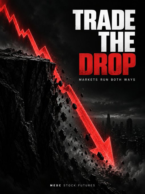 A promotional graphic titled 'TRADE THE DROP' with the tagline 'MARKETS RUN BOTH WAYS', showing a red downward trend line resembling a cliff face over a cityscape, labeled 'MEXC STOCK FUTURES' at the bottom.