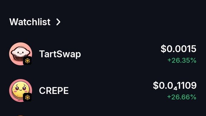 A Watchlist interface showing TartSwap at $0.0015 (+26.35%) and CREPE at $0.01109 (+26.66%) on a dark background.