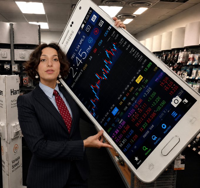 A woman in a pinstripe suit with a red polka-dot tie holds an oversized Samsung smartphone displaying stock tickers and candlestick charts, with stock symbols like CSX, NVS, DHR, MA, GD, UTX, and AXP visible.
