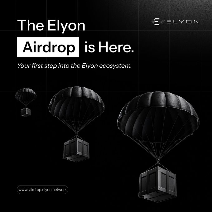A sleek black promotional poster for 'The Elyon Airdrop,' featuring three black parachutes delivering boxes, with the website 'www.airdrop.elyon.network' listed at the bottom.