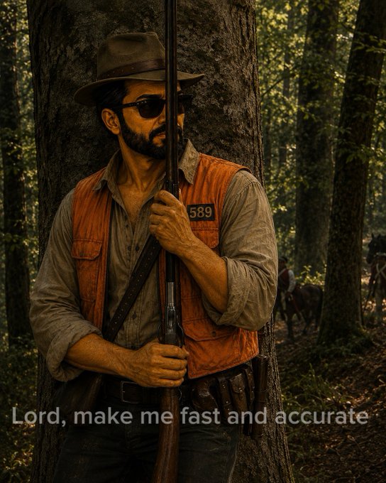 A hunter wearing a wide-brimmed hat, sunglasses, and an orange "589" safety vest stands holding a rifle in a forest, with text reading "Lord, make me fast and accurate".