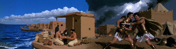 A dramatic composite image contrasts a serene ancient coastal trading scene on the left with an intense battle between two armored warriors in a desert setting with smoke on the right.