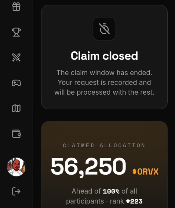 A mobile screen displays a "Claim closed" message for $ORVX, showing a claimed allocation of 56,250 tokens and a rank of #223, ahead of 100% of participants. The image aligns with the post's observation that the $ORVX claim window has ended, with the user expressing hope for an airdrop and questioning whether rewards will come in USDT or DUST.