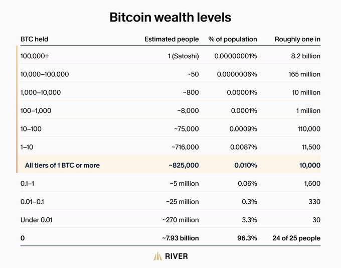 The image is a table titled "Bitcoin wealth levels" from River, showing the distribution of Bitcoin holders by amount held, ranging from 100,000+ BTC (1 person, one in 8.2 billion) down to 0 BTC (~7.93 billion people, 96.3% of the population), with tier breakdowns such as 1-10 BTC (~716,000 people, 0.0087%, one in 11,500) and totals of approximately 825,000 people holding 1 BTC or more.

The chart reinforces the post's point about Bitcoin scarcity, illustrating that even owning just 0.01 BTC places you among roughly 1 in 30 people worldwide, while holding 0.1 BTC or more is rarer than the post suggests at about one in 250 people—highlighting that any meaningful BTC holding puts you in a small global minority.