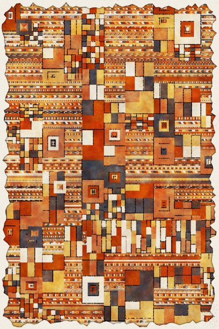 An abstract patterned artwork featuring a mosaic of geometric squares and stripes in earthy tones of orange, brown, cream, and dark blue.
