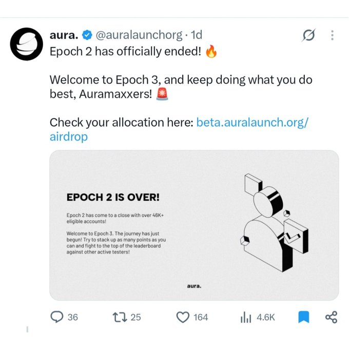 A tweet from @auralaunchorg announcing that Epoch 2 has ended and Epoch 3 has begun, featuring the text 'EPOCH 2 IS OVER!' and noting over 46K eligible accounts, with a link to beta.auralaunch.org/airdrop.