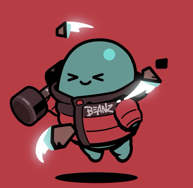 A cute cartoon teal bean character with a smiling face and jet propulsion flames flies against a red background, wearing a dark suit labeled "BEANZ" while holding a telescope. The image illustrates the post's reference to a "Red BG Special Earth" Beanz NFT, matching the red backdrop with the character's cosmic, space-themed design.