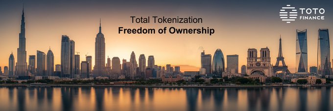 The image features a city skyline at sunset with the text "Total tokenization Freedom of Ownership" written above it. The cityscape includes buildings such as the Eiffel Tower, which can be seen in the background. The overall scene is visually appealing and captures the essence of the message conveyed by the post.